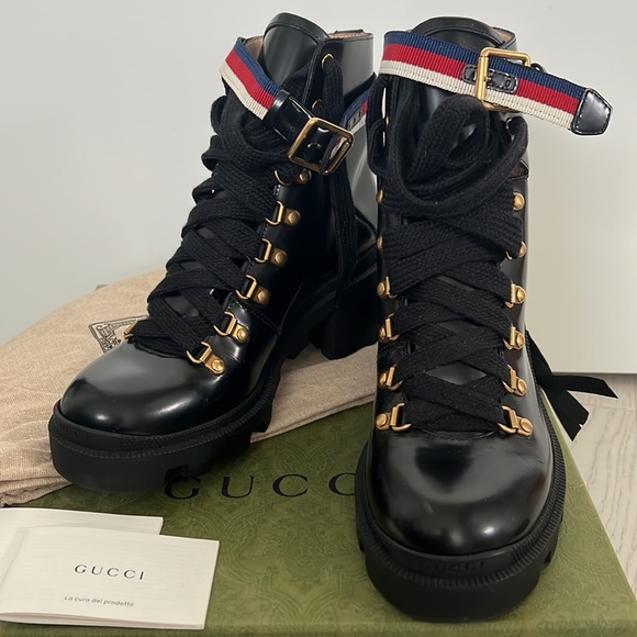 Gucci Shoes - Authentic Gucci Sylvie Web Lug Sole Boots Leather Ankle Size 38.5 $1,505 MSRP!